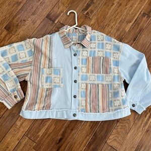POL Patchwork Denim Lace Collared Jacket